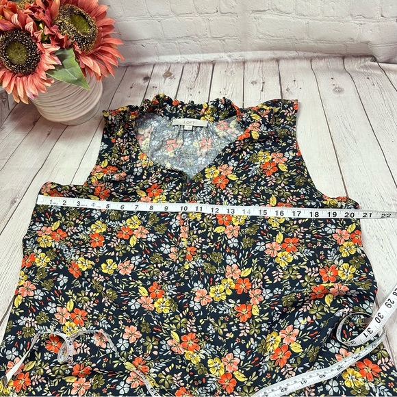 ann taylor LOFT floral Sleeveless Blouse ruffled Mandarin Collar 1/2 button sz L - Picture 5 of 7